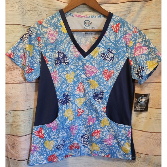 GEM Scrubs Tops - NWT Gem Scrubs Diamond Collection Womens Size M‎ Scribble Hearts Red Blue Yellow